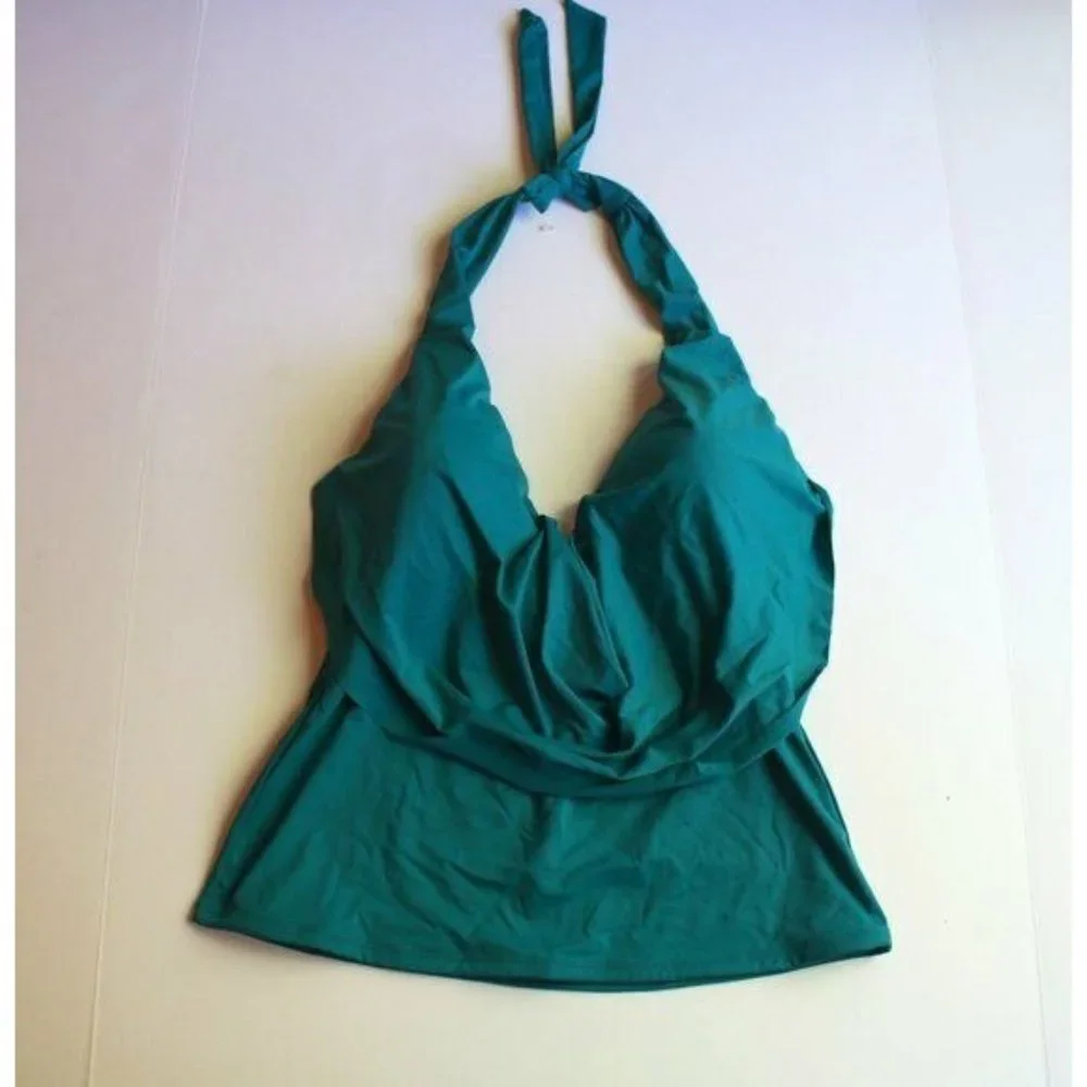 Bar III Cowl Neck Plunge Halter Tankini Bikini Swimsuit Top Teal NEW Medium